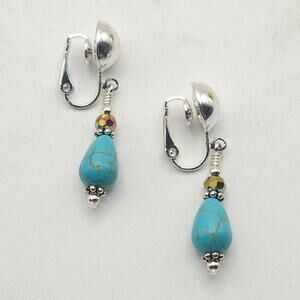 Silvertone Clip On Dangle Earrings Turquoise Look Teardrop Bead Pair Non Pierced